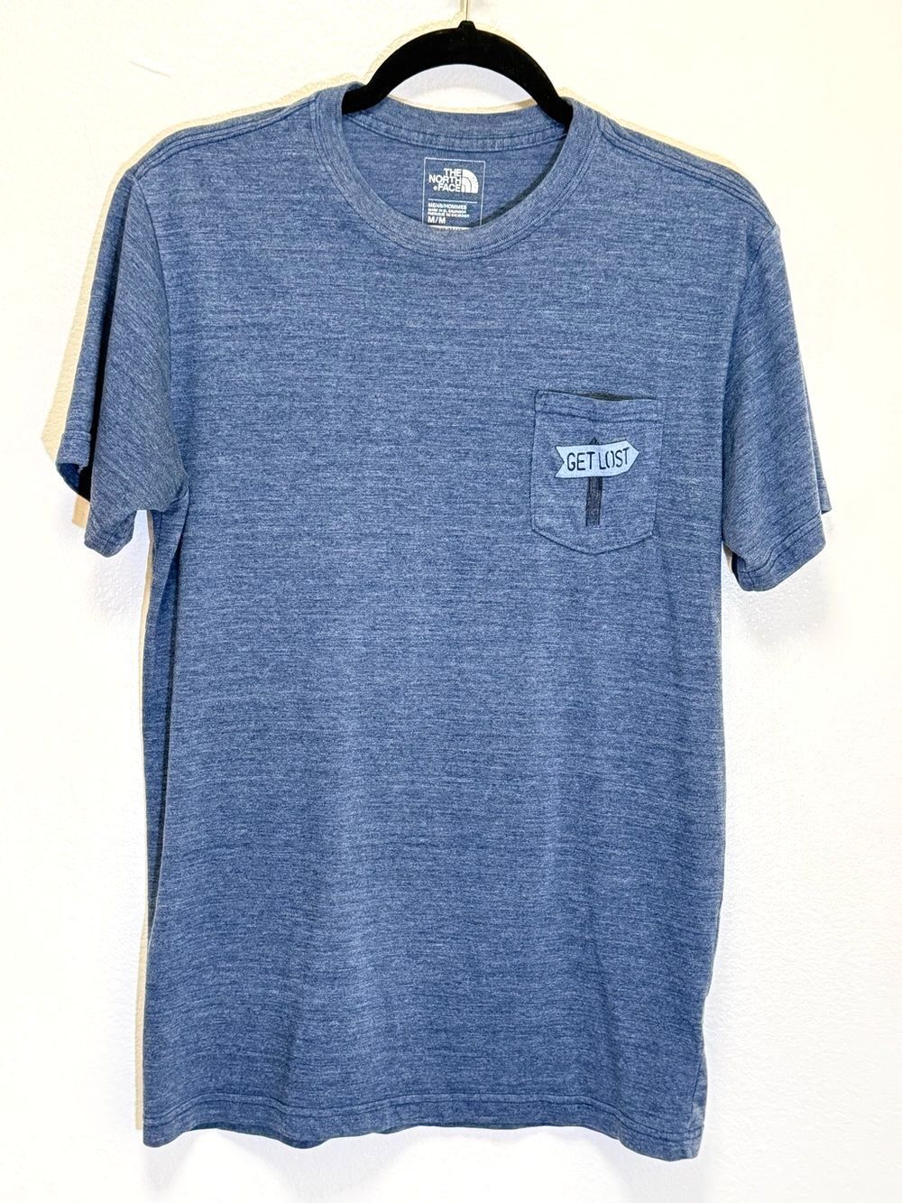 The North Face - Heather Navy Pocket Tee with 'Get Lost' Patch - Men's size M